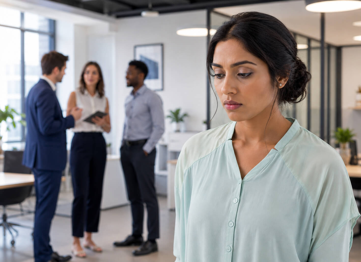 Employee feeling excluded while colleagues engage in workplace banter