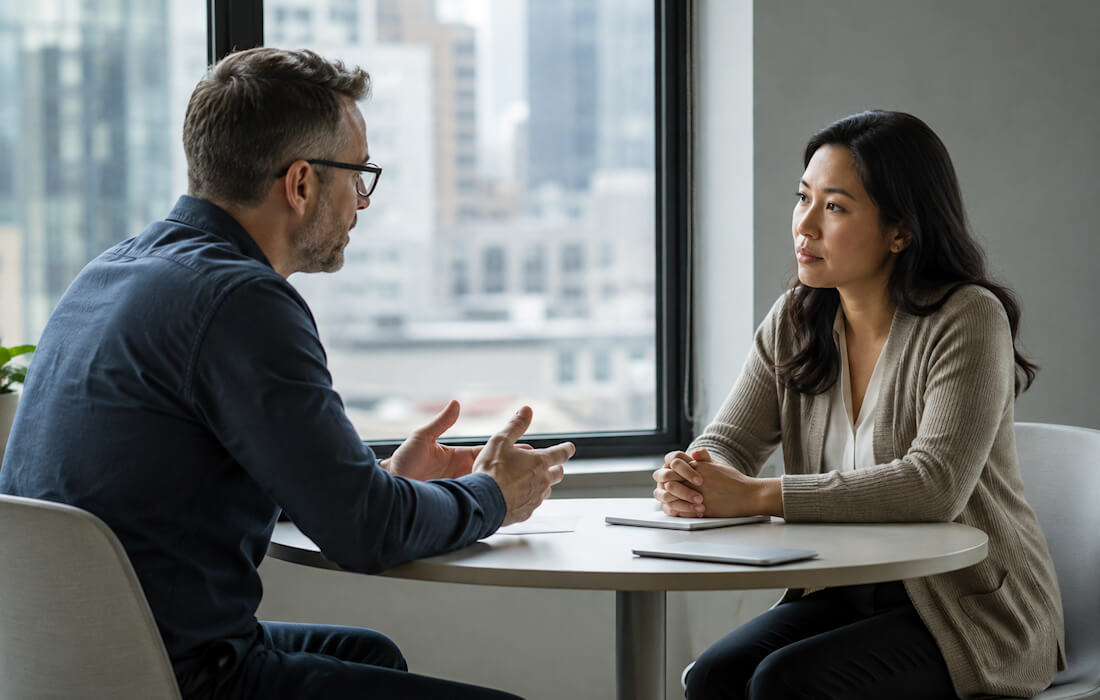 Professional taking part in confidential one-to-one workplace behaviour development